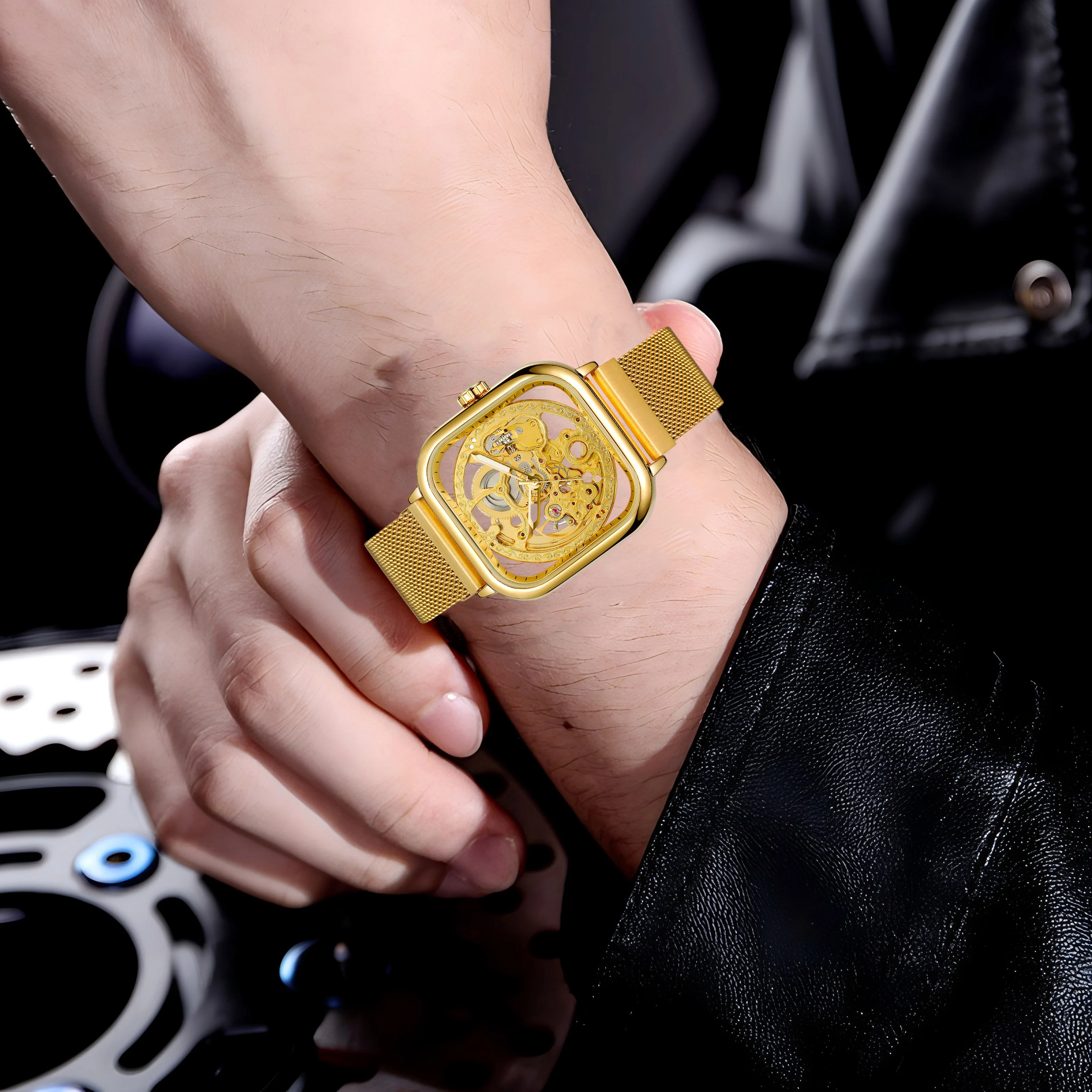 포시닝 각인 골든 남성 오토매틱 스켈레톤 기계식 시계 야광 핸즈 속이 빈 조각 캐주얼 메쉬 스틸 밴드 남성 시계