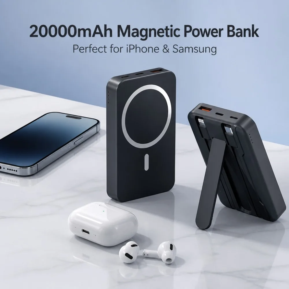 20000mAh Magnetic Wireless Power Bank, Fast Charging Portable Charger Compatible with iPhone Samsung & Most Smartphones