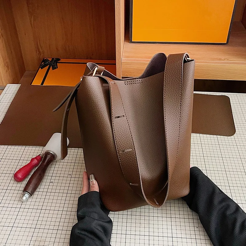 

DIY PU Leather Shoulder Bags Female Big Women Handbags Luxury Bucket Ladies Tote Hand Bags Grey Handcrafted Bag New Fashion
