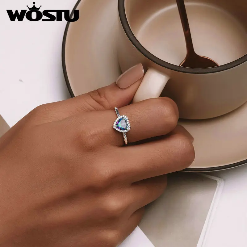 WOSTU 925 Sterling Silver Rainbow Mystic Quartz Wedding Rings Women Vintage Heart  Retro Snake Band Ring Girl Party Jewelry Gift