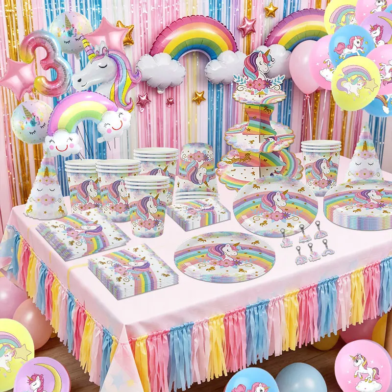 Juego de Decoración de Cumpleaños con Temática de Unicornio, Vajilla Desechable Arcoíris, Platos, Vasos, Servilletas, Mantel, Globos, Artículos para Fiestas de Niñas