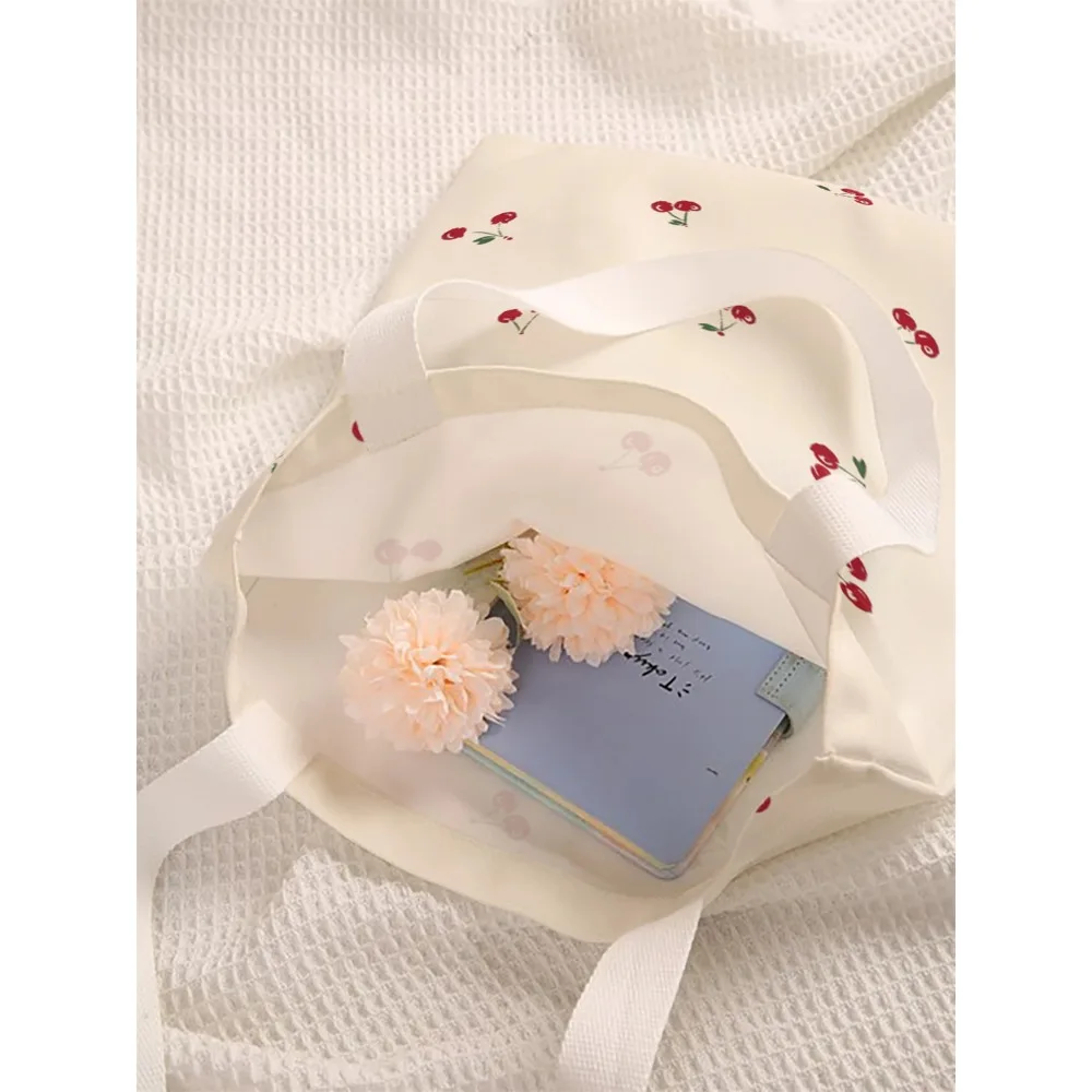 Cute Cherry Pattern Canvas Tote Bag Fashion Reusable Shopping Bag Casual Lightweight Shoulder Bag For Women Daily Use