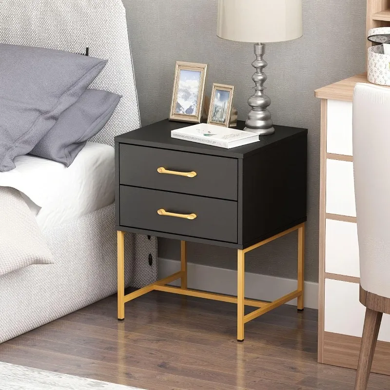 Nightstand Set of 2 with Drawers End Table, Modern Industrial Bedside Table with Metal Frame Side Table