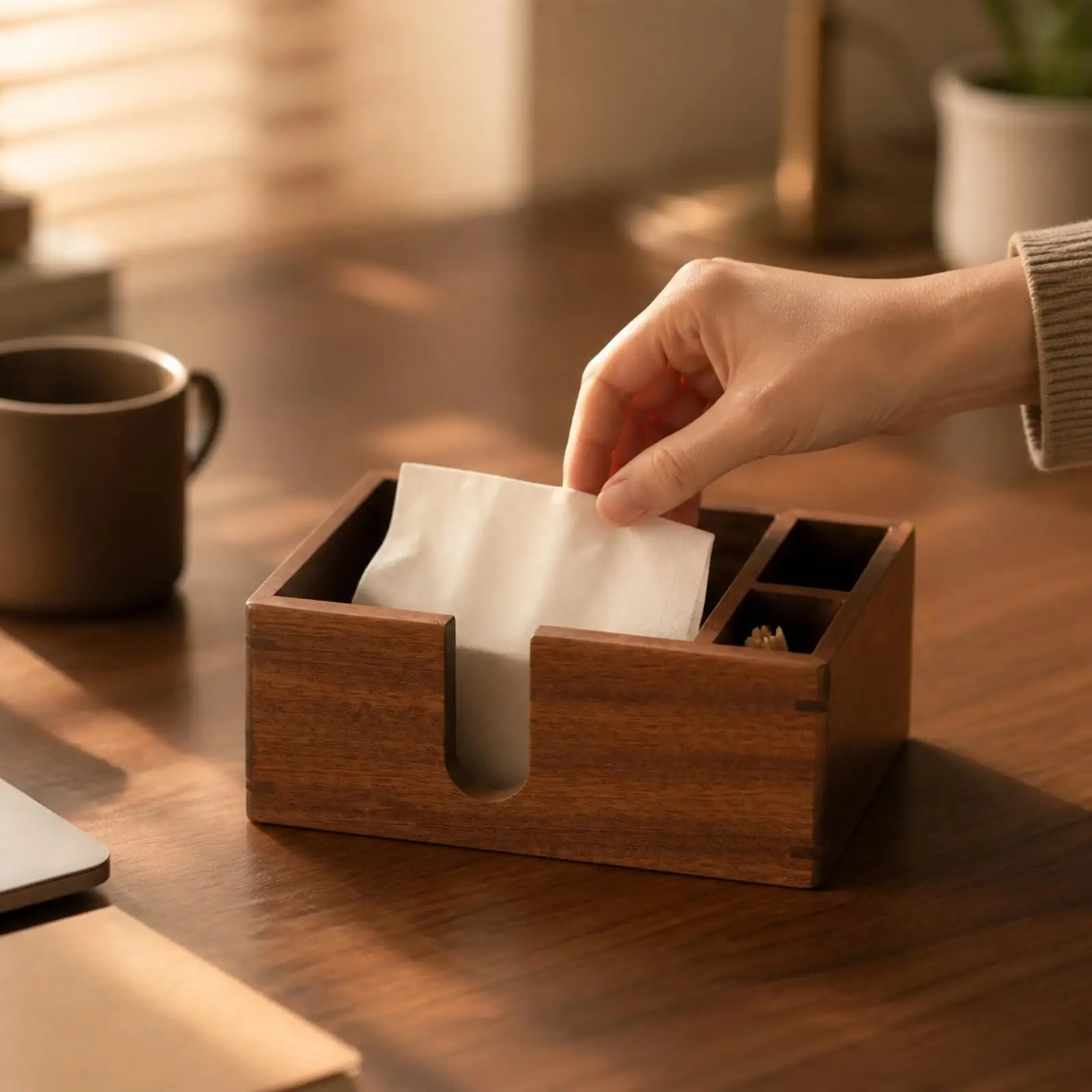 Compact Black Walnut Tissue Box Container with Notch Opening for Bathroom Vanity Neat Storage