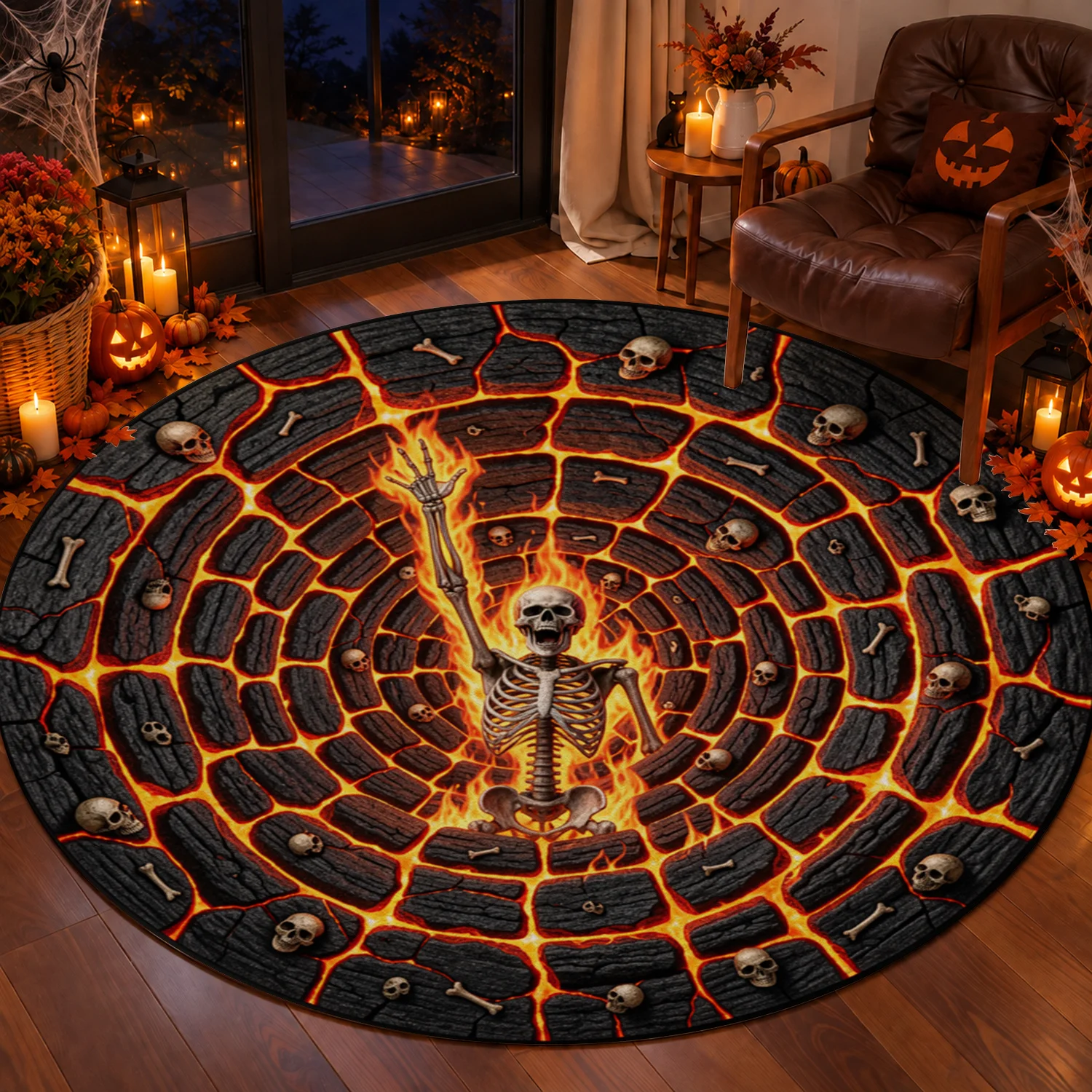 Hell Skeleton Lava Design Round Velvet Rug Machine Washable for Living Room Bedroom Entryway Halloween Thanksgiving Black Friday Cyber Monday Christmas New Year