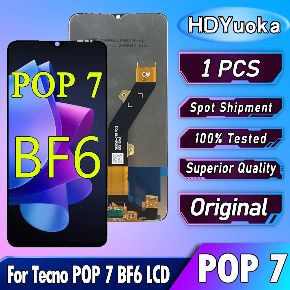 قطع غيار أصلية 6.6 بوصة لـ Tecno Pop 7 BF6 LCD تعمل باللمس وتجميع رقمي لأجزاء استبدال LCD Tecno POP7