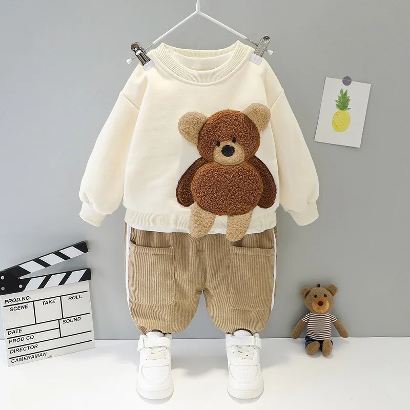 Herfst En Winter Jongens Set 0-5 Jaar Oude Dikke En Warme Cartoon Pluche Beer Lange Mouwen + Corduroy Broek Kinderen Set