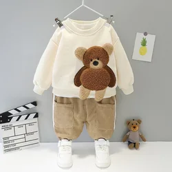 Autumn and Winter Boys Set 0-5 Year Old Thick and Warm Cartoon Plush Bear Long sleeved Top+Corduroy Pants Children's Set