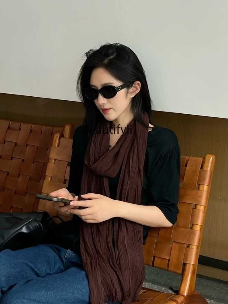 Summer Thin Solid Color Linen Thin Long Narrow Scarf Women's Pleated Cervical Support Sunshade Decorative Scarf