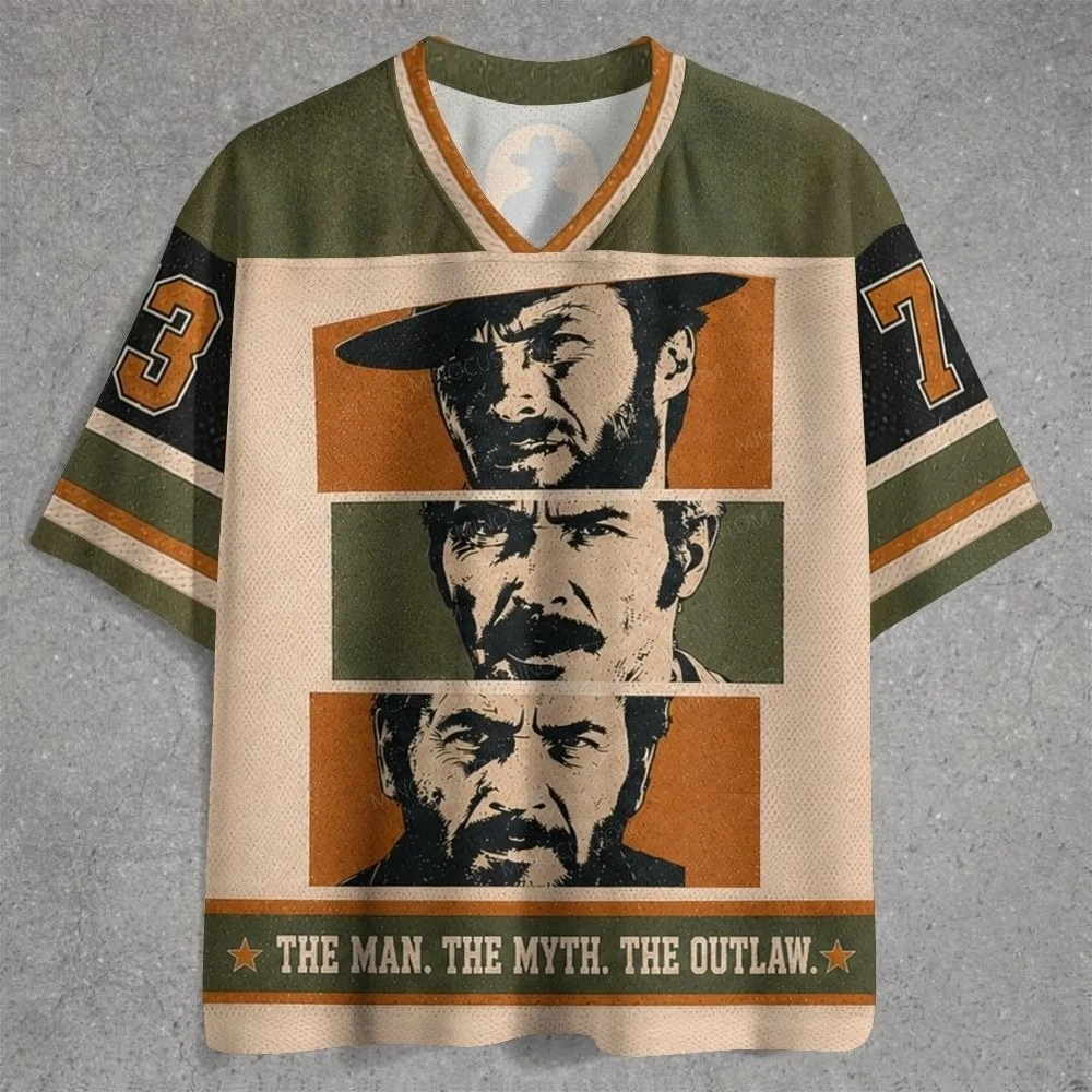 Men Vintage Western Outlaw Portrait Graphic Jersey, Retro Wild West Movie Art 3DPrint V‑Neck Short Top,Cowboy Streetwear Tee
