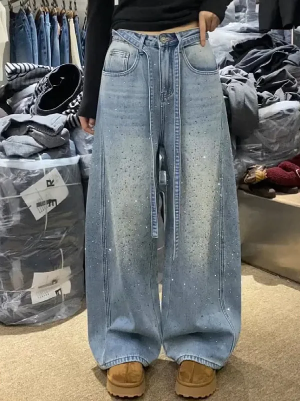 American Retro High Waist Denim Jeans Women Loose Floor-Length Splicing Drill Glittering Fashionable Lazy Sensation Pants