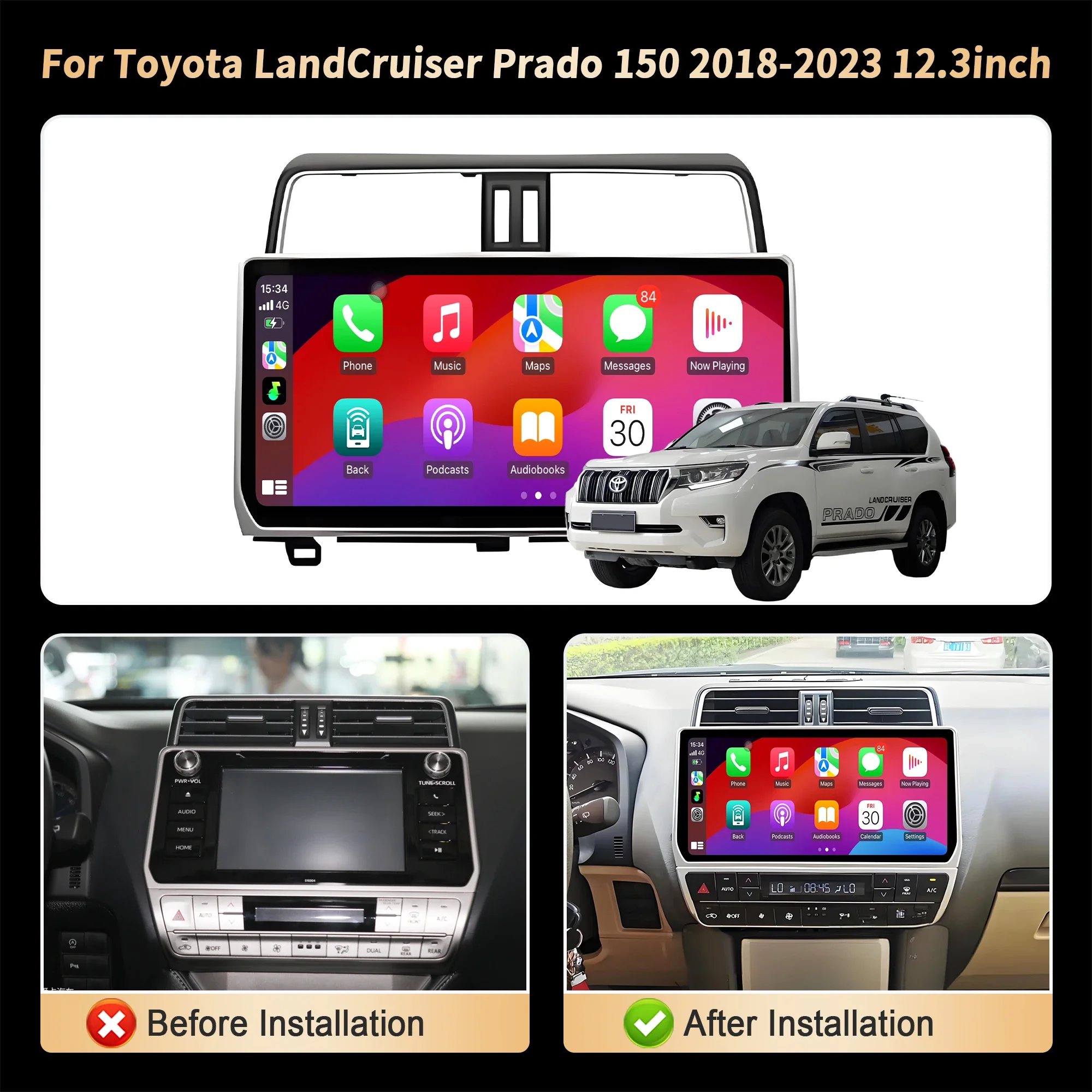 12.3inch Car Radio For Toyota Land Cruiser Prado 150 2018-2023 4G Head Unit Wireless Bluetooth CarPlay Touch Screen Stereo