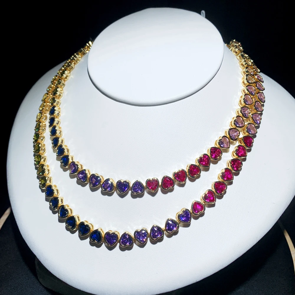 New Arrived Gradual Rainbow Colorful Jewelry Set Gold Color Bezel Heart Shaped CZ Tennis Chain Bracelet Necklace For Women