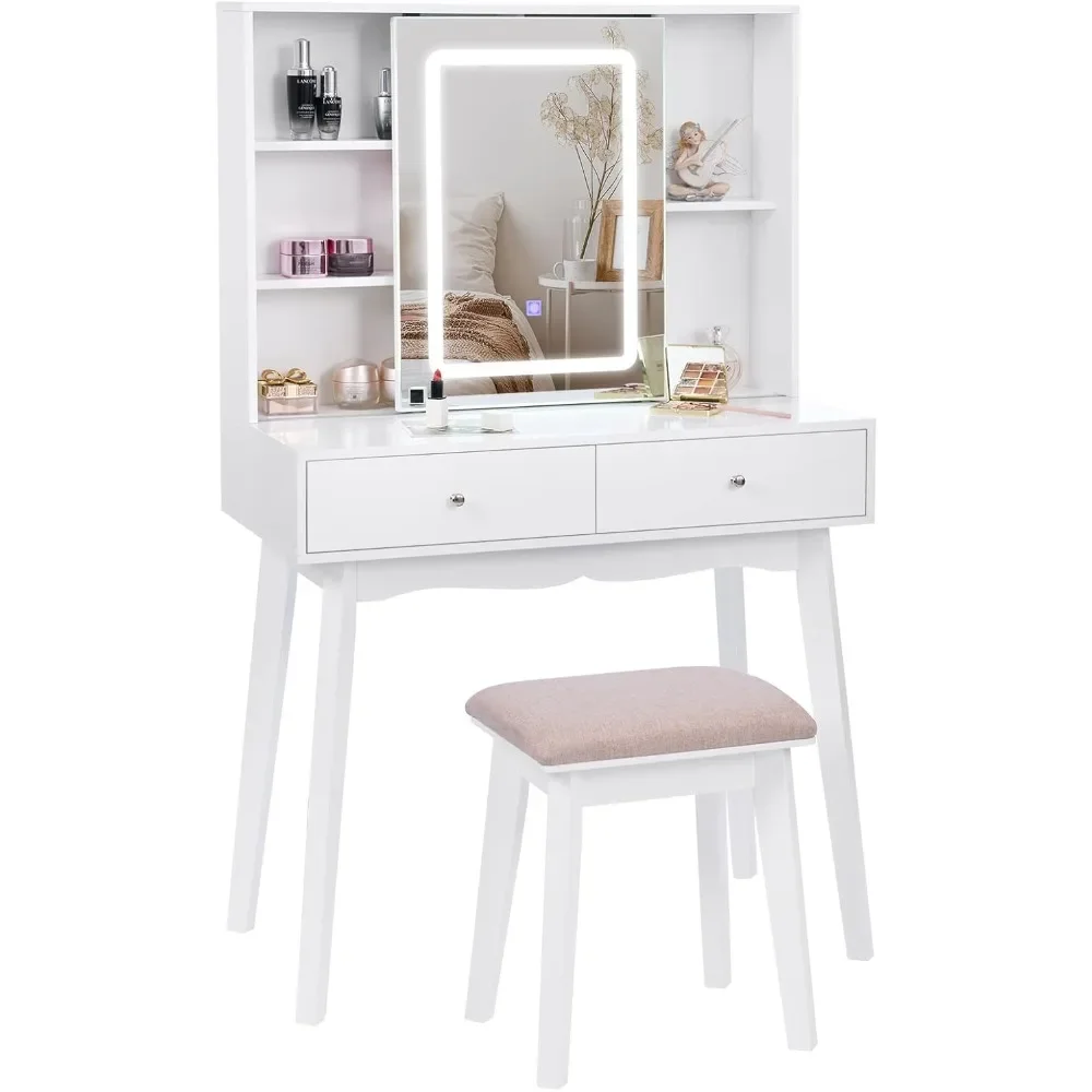 Small Vanity Desk with Mirror and Lights,Makeup Vanity with Lights,White Vanity Set Makeup Desk with 3 Color Lighting