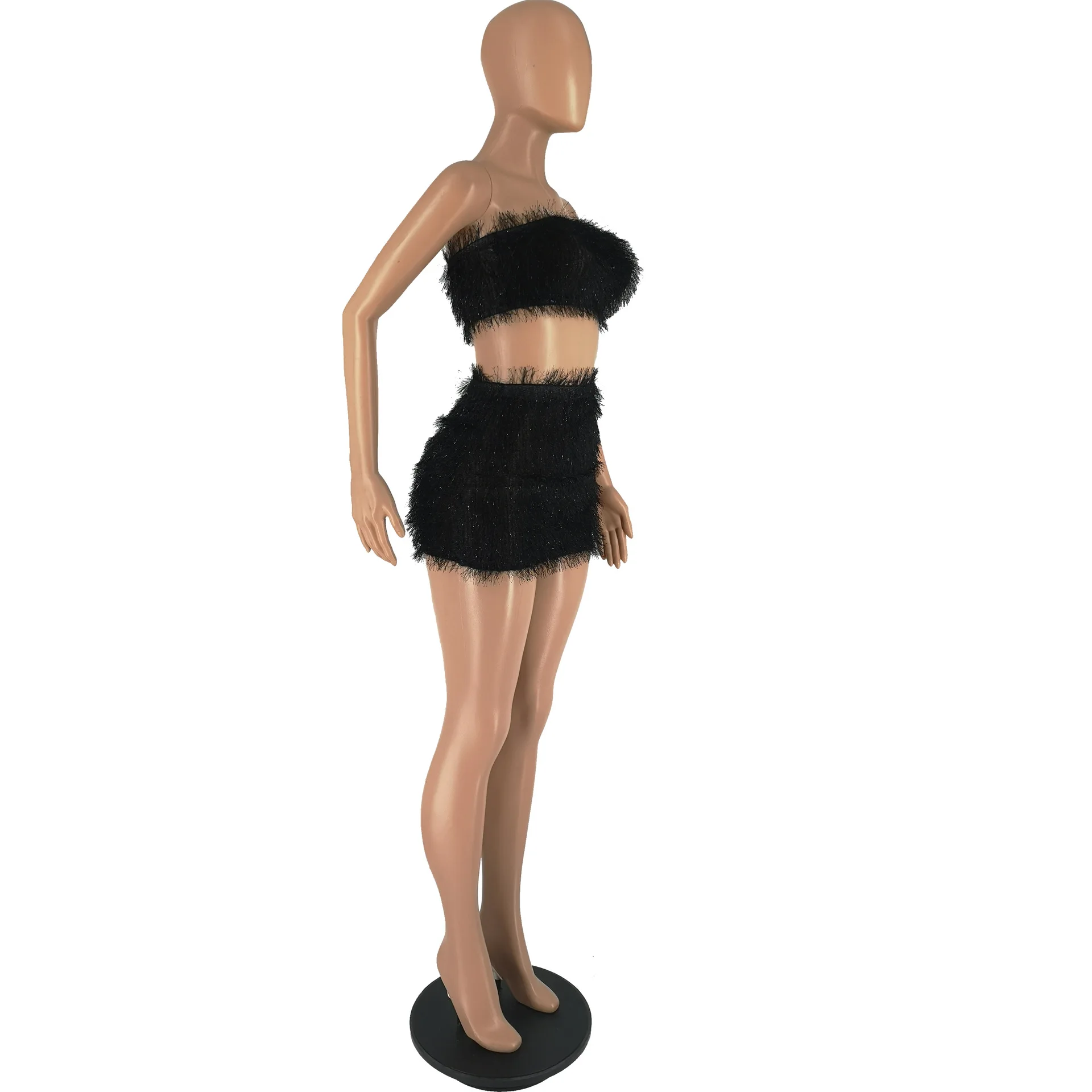Women's Summer Sexy Tube Top & Mini Skirt 2 Piece Set Fashion Furry Strapless Top And Short Dress Two-Piece Outfits