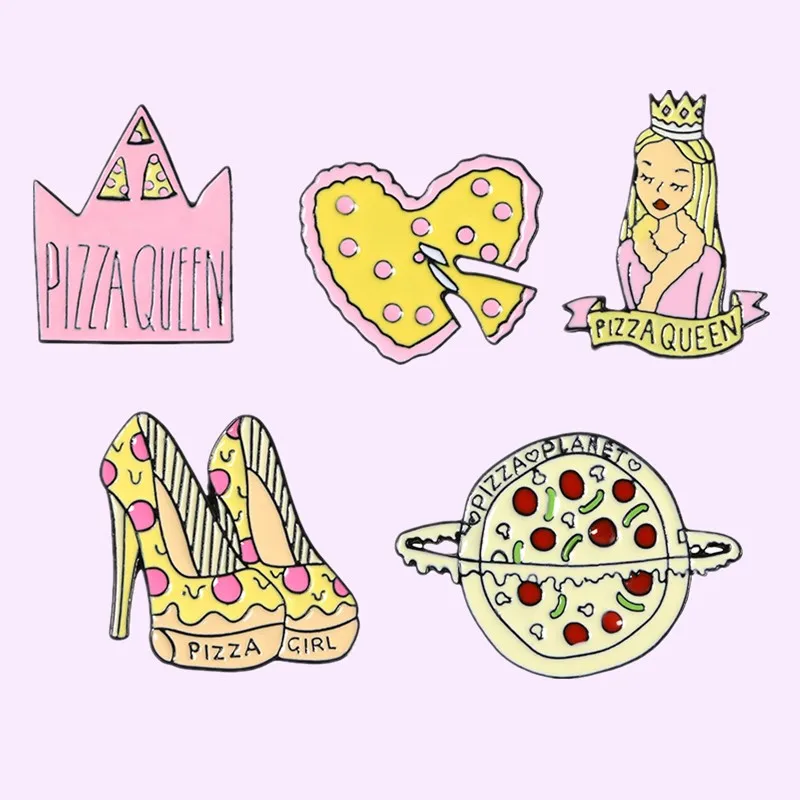 Wholesale Pizza Queen Enamel Pin Pizza Heart Crown Planet High Heels Brooch Bag Clothes Lapel Pin Food Jewelry Gift Girl Friend