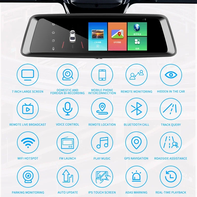 A10 7 Inch Car Dvr Dash Cam Rearview Mirror with Front Inside Dual Camera Gps Navigation Wifi 4g Live Streaming Black 1080P IPS image 2