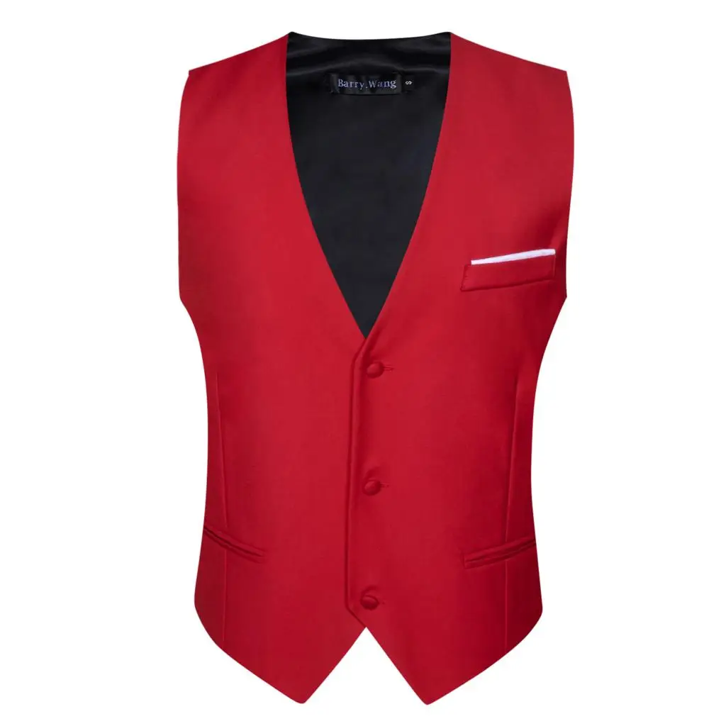 Chaleco de satén de seda para hombre, conjunto de pañuelo y pajarita, chaqueta sin mangas, traje Formal de boda, rojo, sólido, de lujo, Barry Wang