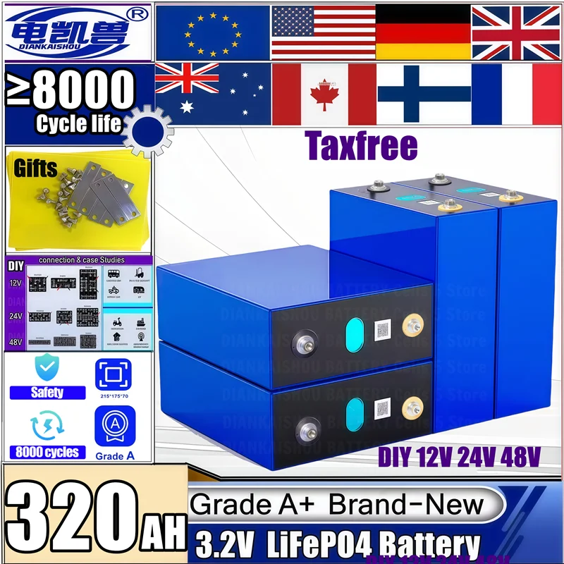 

LiFePO4 GradeA Battery 8000 cycle 3.2V 320Ah Lithium iron phosphate Rechargeable Cell For DIY 12V 24V 48V RV Solar Camping