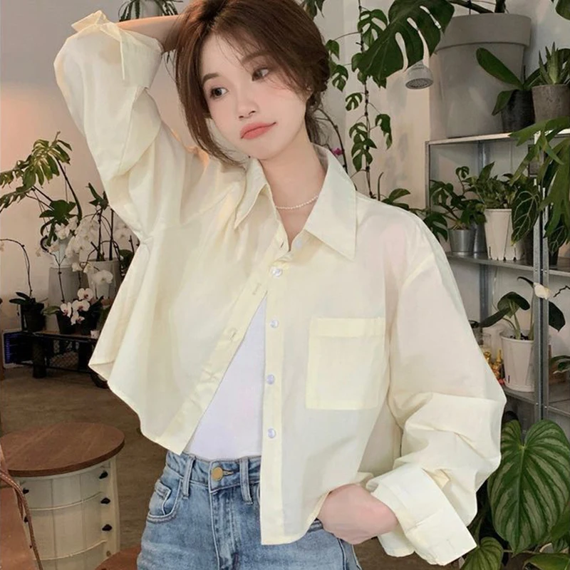 Pink Shirt Women Summer Fashion Casual Long Sleeve Crop Tops Korean Sweet Streetwear Chic Turn Down Collar Pink Blouse New