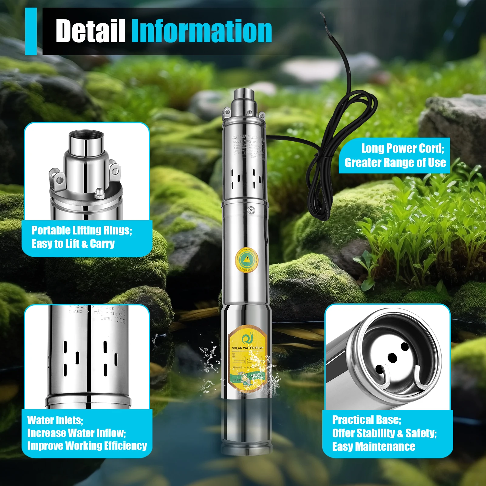 LOYALHEARTDY DC 24V 370W Solar Water Pump Deep Well Solar Submersible Pump Head 65m 213ft 1.8m³/h For Farm Ranch Irrigation