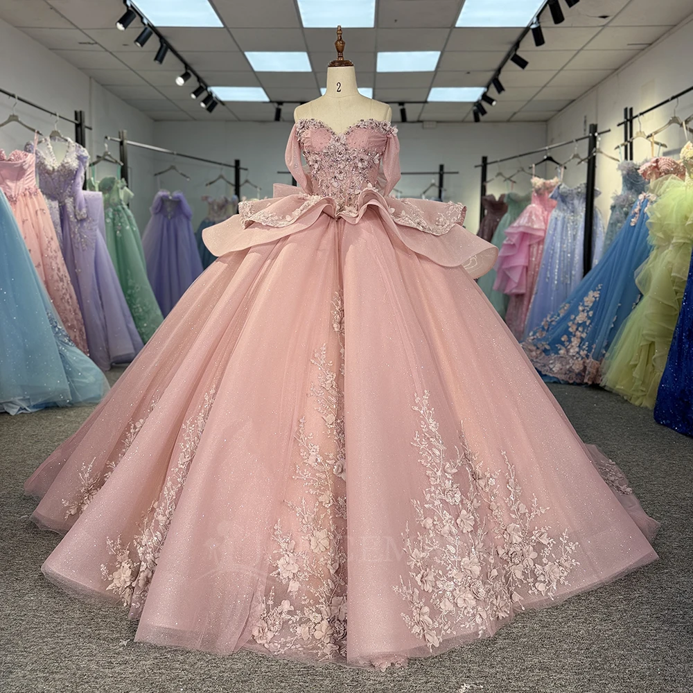 Rose princesse robe de bal Quinceanera robes vestido de 15 quinceañera scintillant 3D fleur dentelle à plusieurs niveaux fête d'anniversaire personnalisé