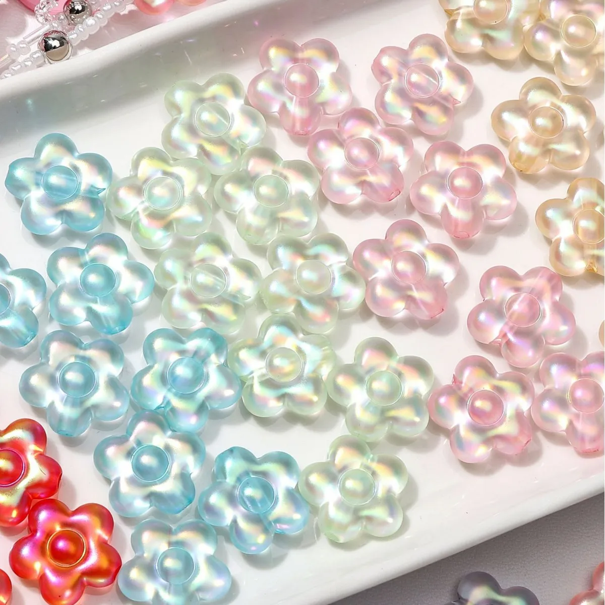 10PCS Acrylic Iridescent-Coated Matte Five-Petal Flower Loose Beads For DIY Bracelets Necklaces Jewelry Making Accessories