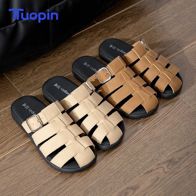 

Tuopin Roman sandals for women 2024 summer new style flat-soled woven pig cage shoes fashionable outer wear Baotou half dr