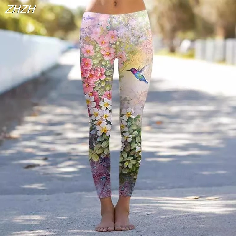 Legginsy damskie z naturalnym kwiatowym nadrukiem, spodnie outdoorowe z poliestru i spandexu, elastyczne, z regulowanym stanem, modelujące sylwetkę, na jesień i zimę, streetwear