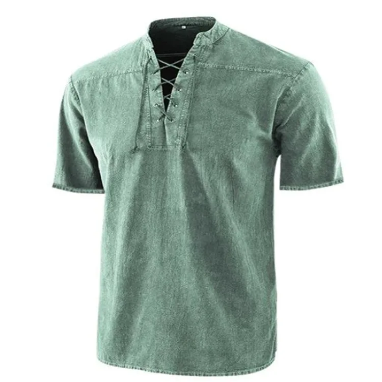 

2025 Men's Summer Solid Color Retro Lace-up Standing Collar Loose Casual Short Sleeve Shirt