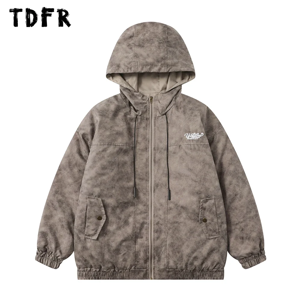 

Letter Embroidery Cargo Hooded Quilted Jacket Mens Retro Streetwear Winter Long Sleeve Padded Jacket Men Thick Outerwear