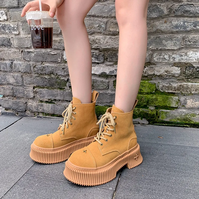 MKKHOU Fashion Short Boots Women New High Quality Suede Round Head Lace up Thick Sole Boots Street Modern Yellow Ankle Boots