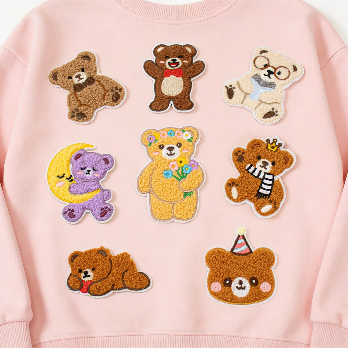 8-Piece Cute Teddy Bear Embroidered Patch Set, with Self-Adhesive Backing, Plush Texture, Cartoon Animal Design, Decorated with Moons, Stars, and Flowers, Can Be Used as DIY Decorations for Clothing and Bags, Birthday Gifts, and Party Supplies