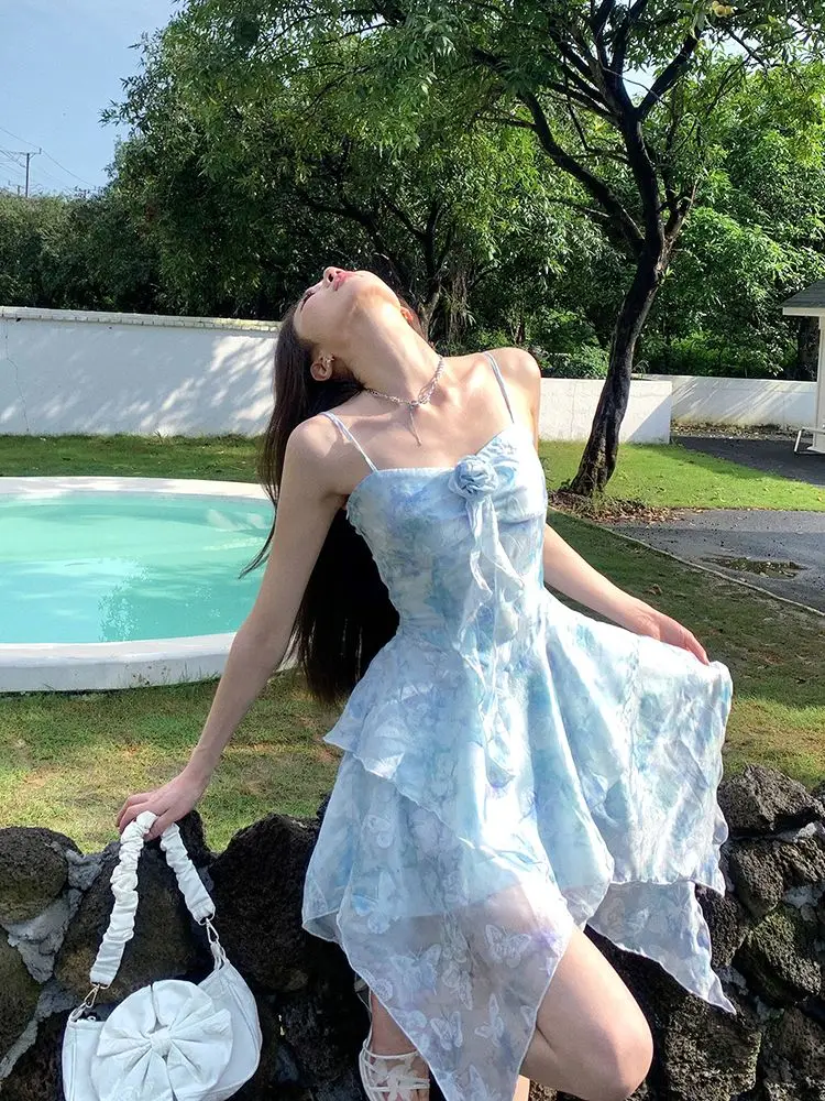 Sling Dress Suit Flowers Irregular Chiffon Summer Women Short Sleeve Holiday Style Korean Fashion Broken Short Skirt Dress