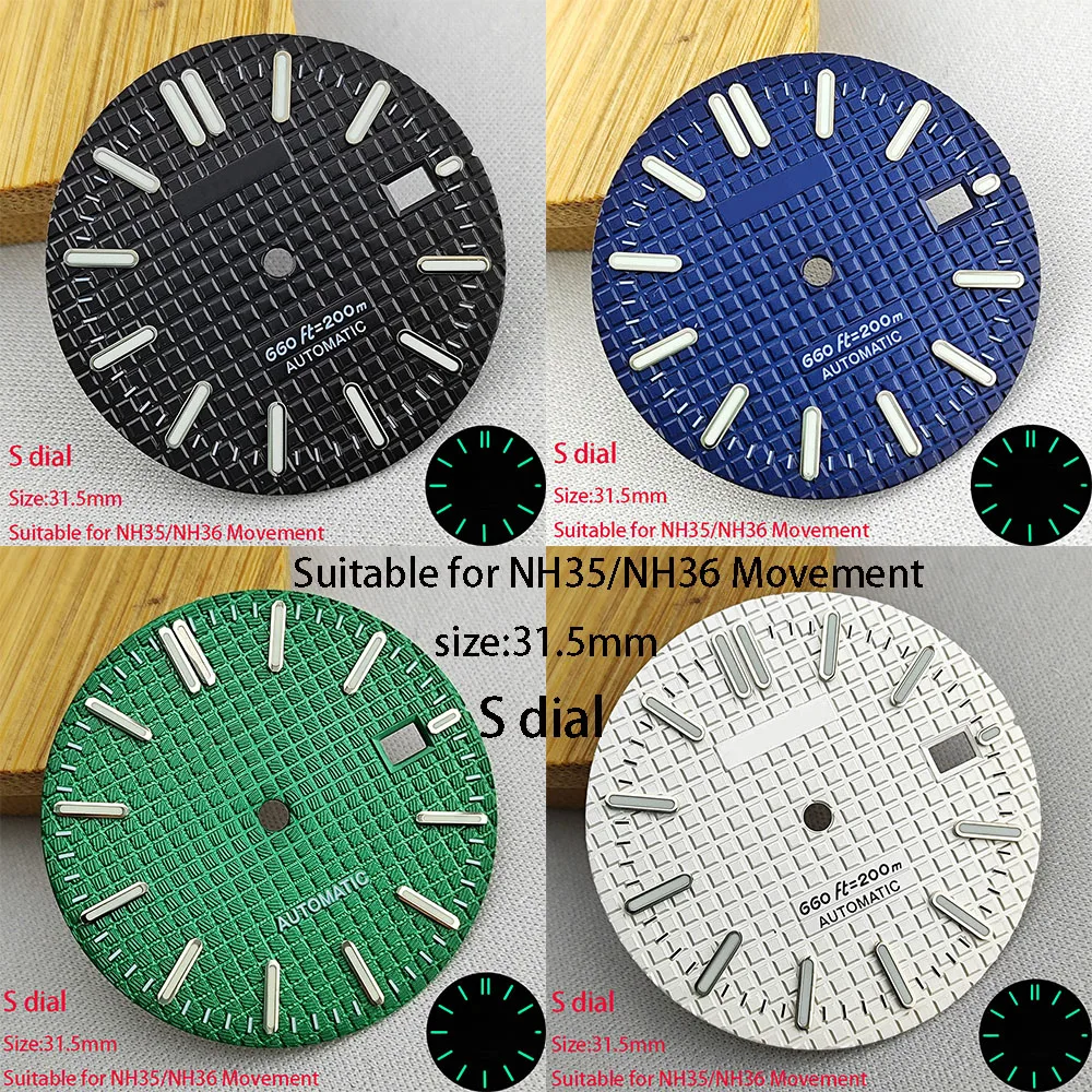 31.5Mm NH35/NH36 Dial Jam Tangan Dial S Hijau Dial Bercahaya Cocok untuk Pergerakan NH35/NH36 Aksesori Jam Tangan Alat Perbaikan Jam Tangan