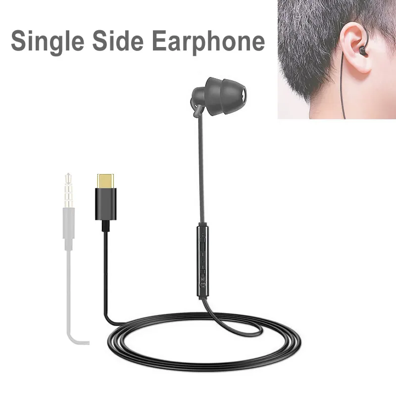 USB Type C Headphone Single Side Earphone Volume Control Mic 3.5mm Wired Earbuds For Galaxy S24 S23 S22 Ultra iPhone 15 Pro Max