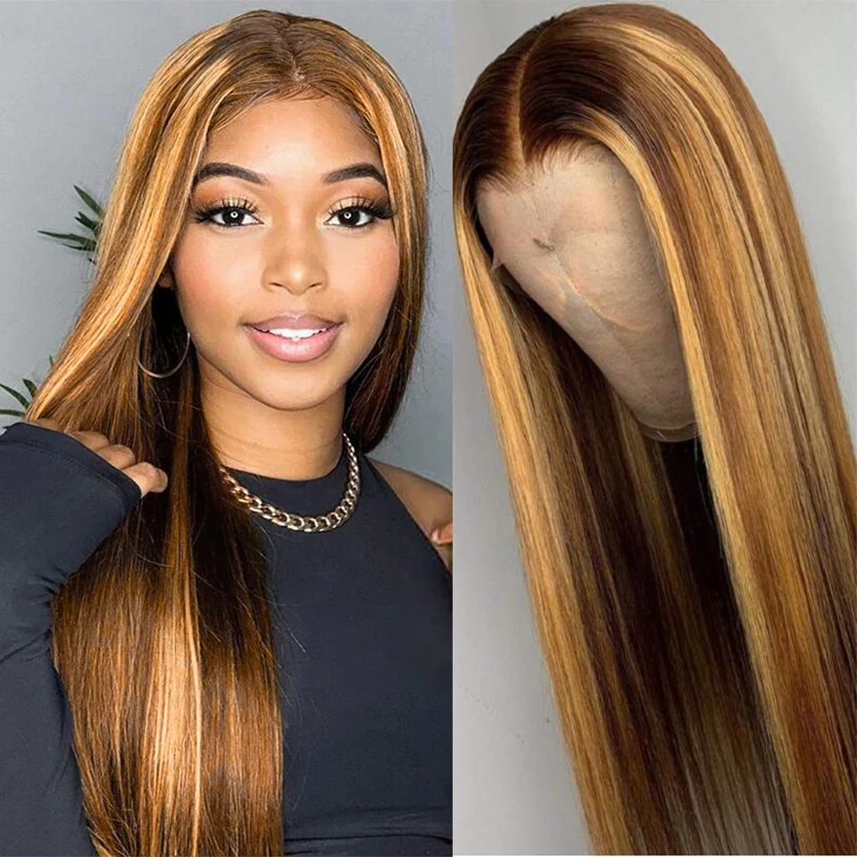 Wig rambut manusia Highlight lurus Wig untuk wanita 13X4 Lace Frontal Wig Ombre berwarna madu pirang lurus renda Wig depan