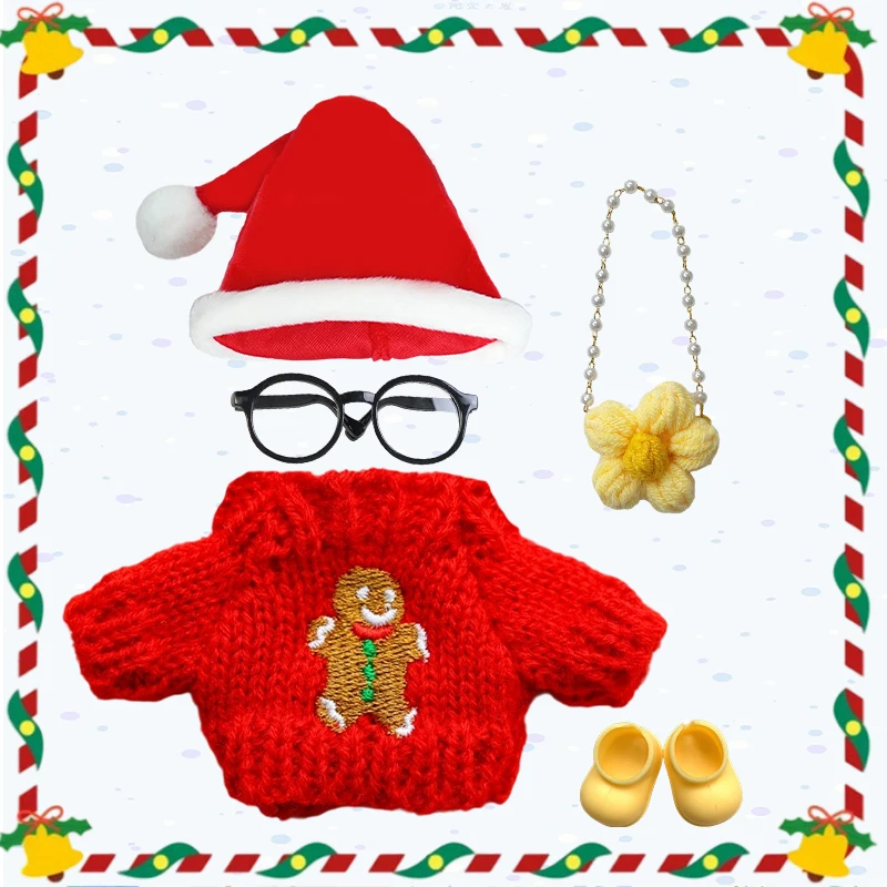 Ubranka dla lalek Labubu 15-17 cm, świąteczny zestaw: czapka, szalik, renifer, bałwan, mini pluszowa lalka, akcesoria, sukienka na Nowy Rok, prezent.