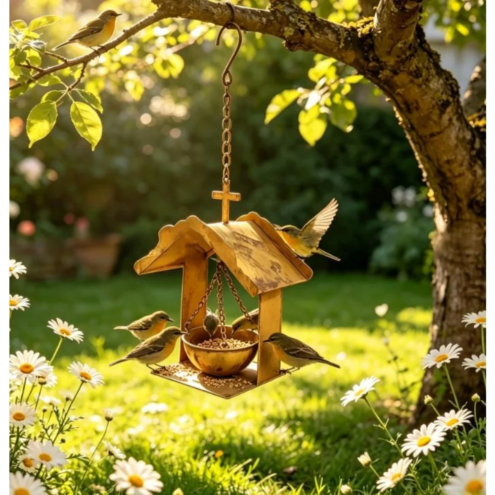 Outdoor Friendly Rustic Iron Bird Feeder in For cross Shape for Garden Patio Yard Hanging Birdhouse Decor and Functionality