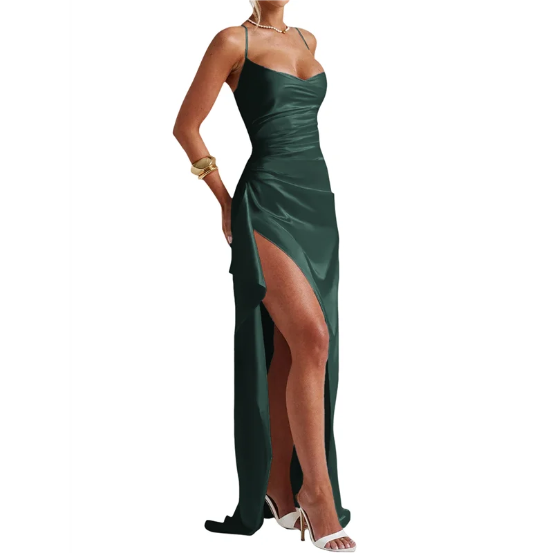 ABRT-Women's Ruffled Satin Spaghetti Strap Ball Gown Bridesmaid Dress Long