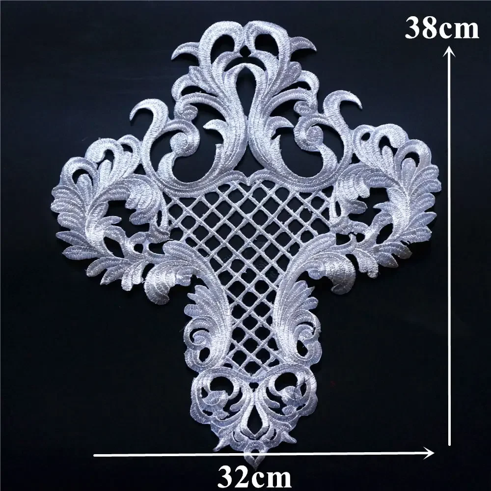 Silver Embroidery Baroque Grid Sequin Flower Applique Sew Iron Patch Collar Wedding Gown Bridal Dress Clothes DIY Handwork Craft