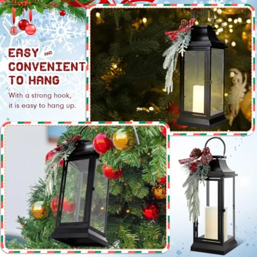 Lanterne natalizie grandi da 24 pollici con pannelli in vetro e nastro decorativo rosso per uso esterno e interno Appendere in metallo nero