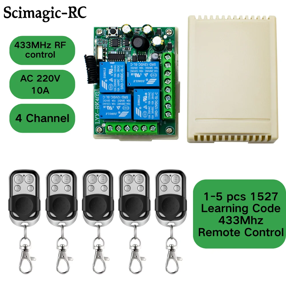 

4 Channel 433Mhz Wireless Switch AC 220V 10A Receiver Module Work With 1527 Learning Code Remote Control for Garage Car Gate