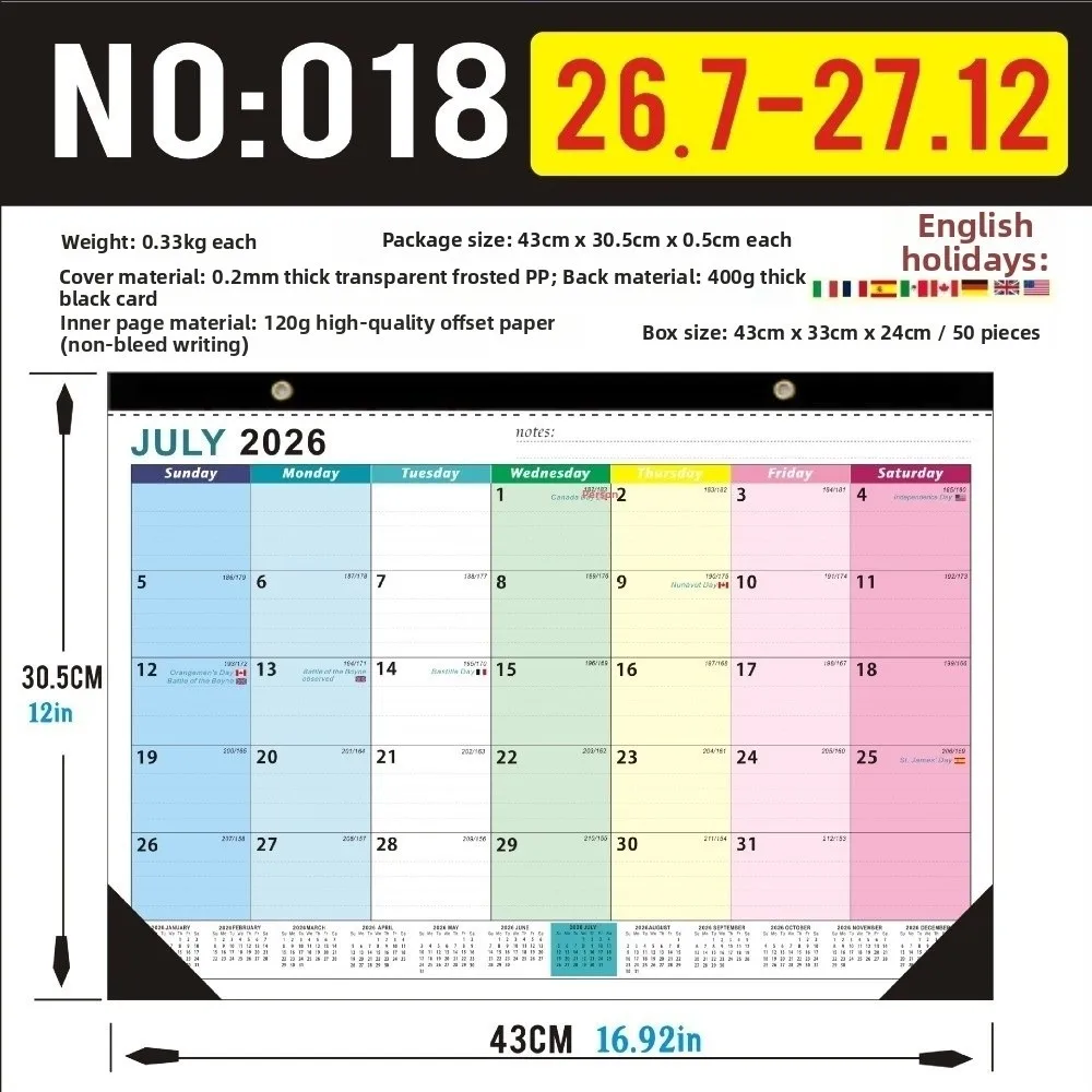 Thick Paper English Calendar Holidays Marked Daily Study 18 Months Calendar July 2026-December 2027 Hook Hanging