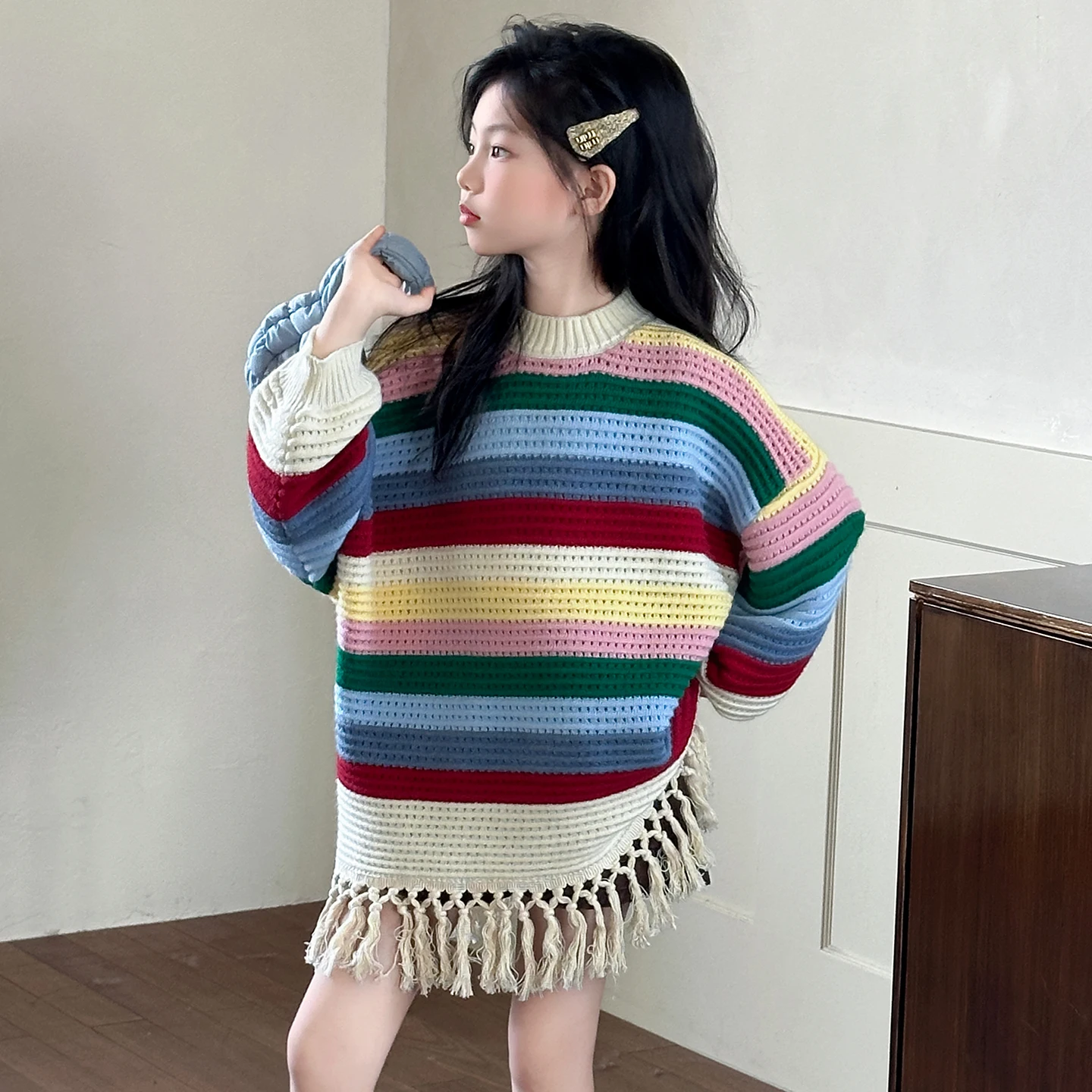 جديد الخريف الاطفال Y2K القوطية قوس قزح شريط سترة مع شرابة للمراهقات موضة الشارع البلوز كول الجوف خارج تريكو #5