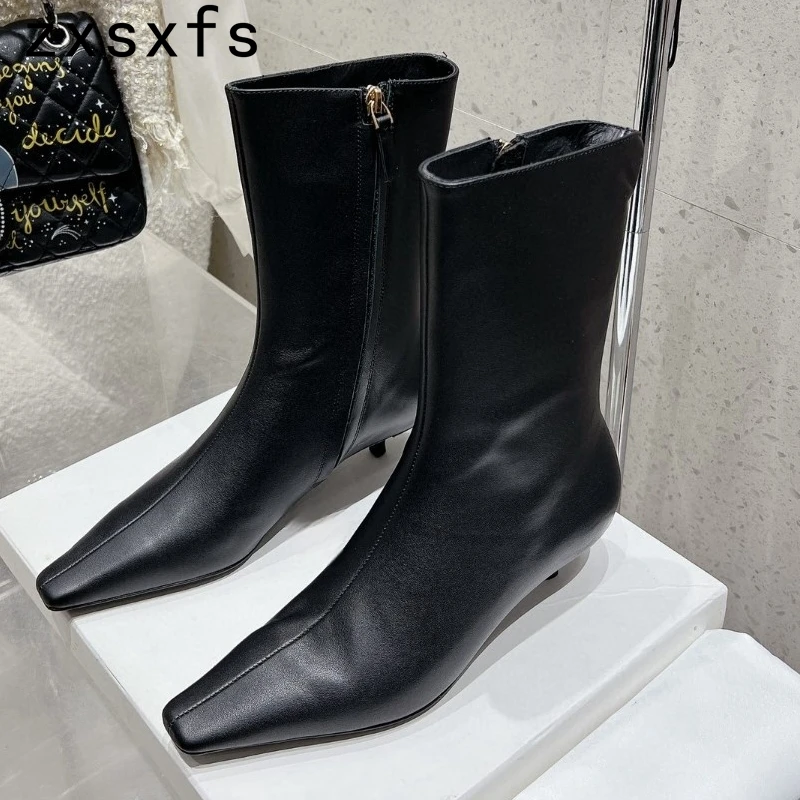 New Real Leather Ankle Boots For Women Kitten Heel Party Shoes Ladies Autumn Cowboy Short Boots Classic Botas Mujer 2024