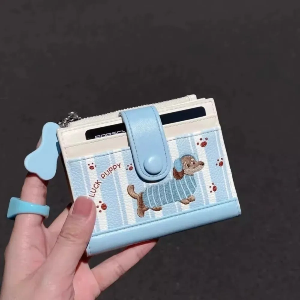 Ins Dachshund Embroidery Short Wallet Dopamine Color Cartoon Dog Card Bag PU Zipper Coin Purse Women Girl