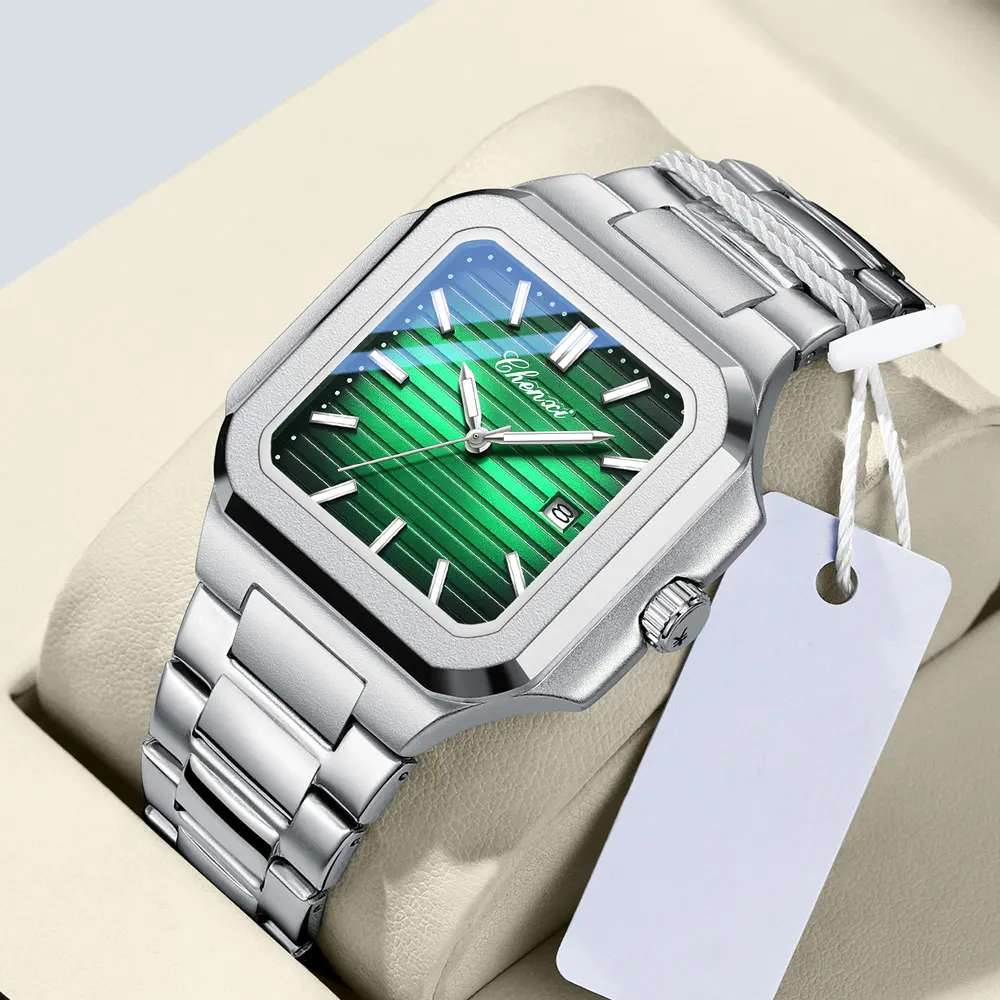 ساعة CHENXI الفاخرة للرجال كوارتز مربعة من الفولاذ المقاوم للصدأ مقاومة للماء وتاريخ مضيء كاجوال لساعة الذكور