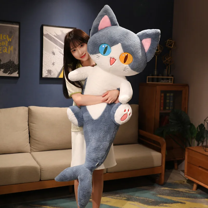 50/85/135cm Kawaii Alien Cat Plush Toys Lovely Lying Cat Pillow with Shark\'s Tail Stuffed Soft Cushion Birthday Gift