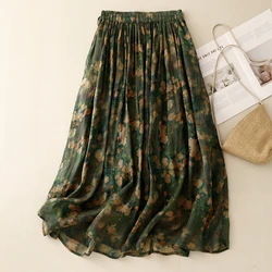 Vintage Women Skirts 2024 New Spring/summer Cotton Linen A-LINE Korean Clothing Sales High Waist Loose Print Chinese Style Skirt